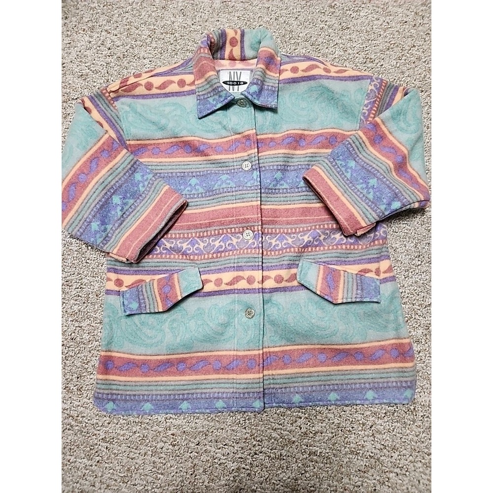 NY 10018 Vintage 90s Fleece Jacket Southwestern Pastel Aztec Silver Buttons OS